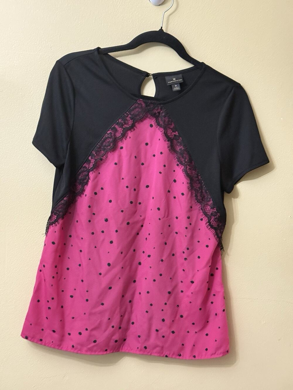 Worthington Blouse Womens M Black Pink Witchy Whimsigoth Lace Polka Dot Goth